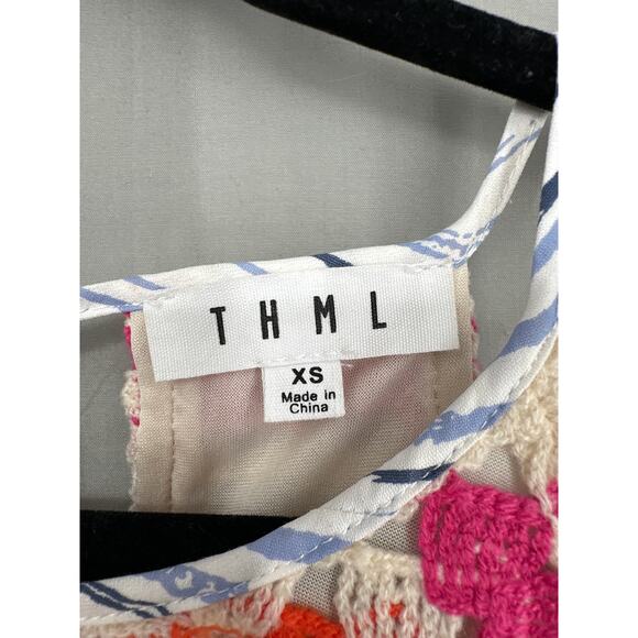 THML Top Womens XS Blue Flowy Tank Pink Crochet Floral Cottage Boho Halter - Picture 2 of 6